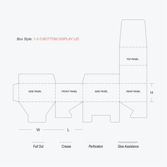 Die-line layout for 1-2-3 bottom display lid boxes with labeled panels and foldable sections for easy assembly.
