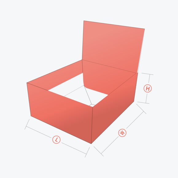 3D mockup of an auto bottom box with a display lid, showcasing dimensions for length, width, and height.