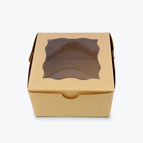 Custom bakery packaging box with a clear window and kraft material.