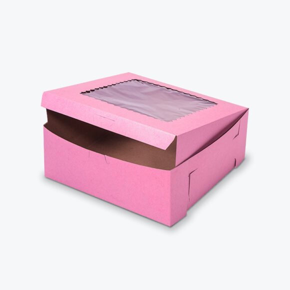 Pink customized cake box with a clear window, perfect for showcasing and packaging baked goods.