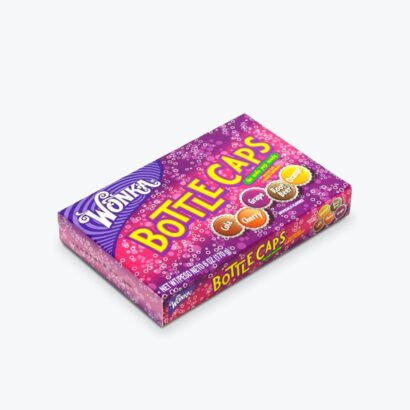 A vibrant purple candy box featuring Wonka Bottle Caps, showcasing custom candy boxes designed for sweets with bold branding and appealing packaging.