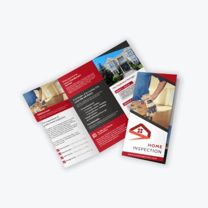 Custom brochures for home inspection services, featuring a professional design with images of homes and service details.