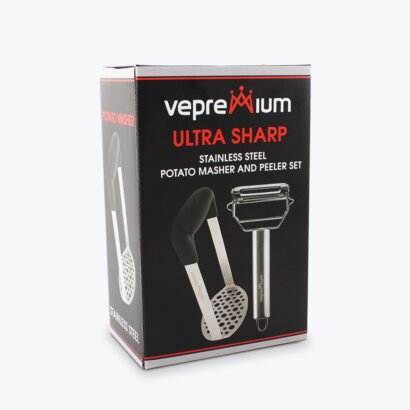 food peeler boxes with vibrant branding for a stainless steel potato masher and peeler set.