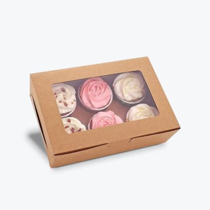 Eco-friendly muffin packaging box with a clear window, designed for securely storing and showcasing six beautifully decorated muffins or cupcakes.