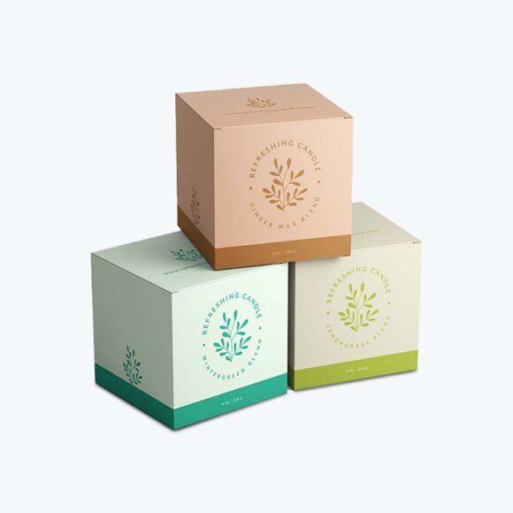 Custom printed candle boxes with vibrant designs and eco-friendly materials, showcasing premium packaging for scented candles.