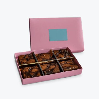 Custom brownie packaging boxes with a sleek pink design, featuring six delicious brownies neatly arranged inside.