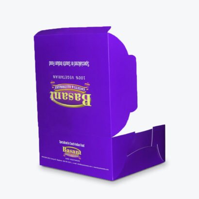 Custom purple food takeout box with branding for South Indian cuisine.