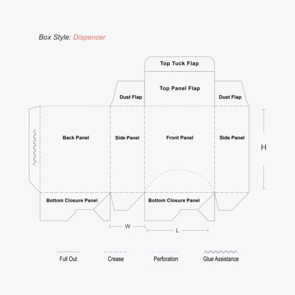 Flat template layout of a dispenser box showing panels, flaps, and glue areas for packaging assembly.