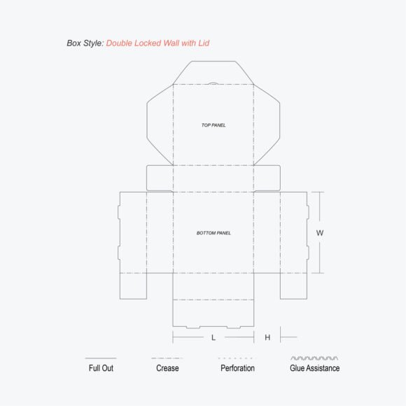 Dieline template for double locked wall lid boxes showing panel structure and dimensions for custom packaging.