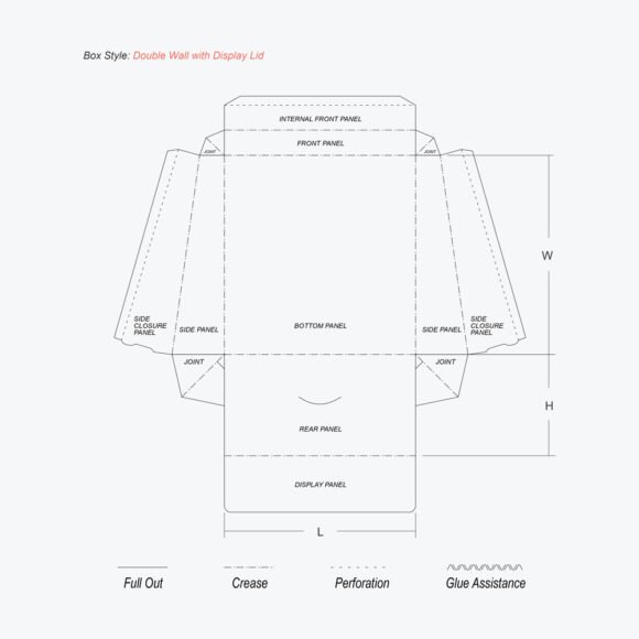 Die-line template of a double wall with display lid box showing labeled panels, perforations, and glue assistance for easy assembly.