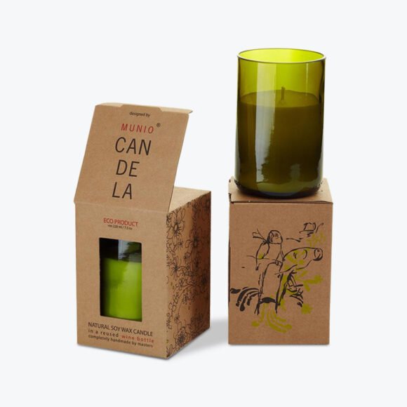 Eco-friendly candle boxes packaging with a window design, showcasing a natural soy wax candle in a recycled wine bottle.
