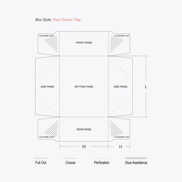 Flat layout template of a four corner tray box showing panels, flaps, and glue assistance.