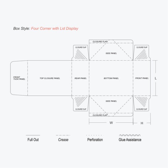 Four Corner with Display Lid Box flat die-cut layout design