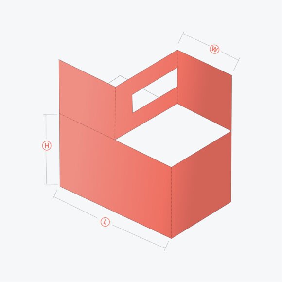 Glass carrier box design with dimensions labeled for width, height, and length.