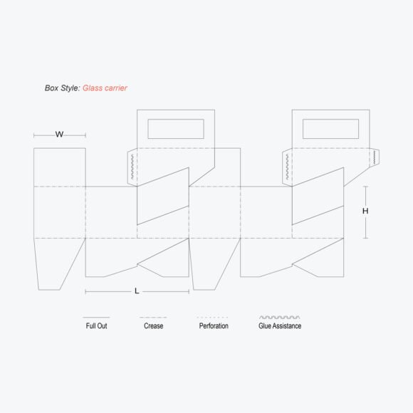 Flat layout of a glass carrier box with creases, perforations, and glue assistance marked.
