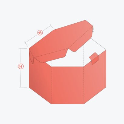 3D illustration of a Hexagon 2 PC Box with lid open, showcasing its unique six-sided structure and customizable design.