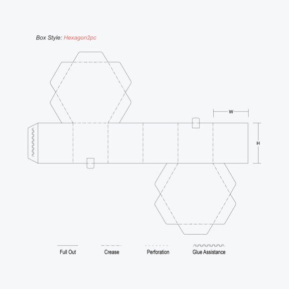Die-cut template of a Hexagon 2 PC Box showing folding lines, creases, and glue areas for assembly.