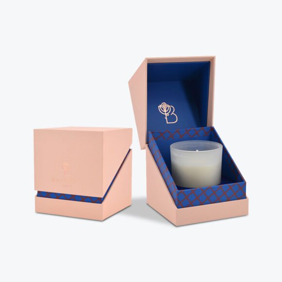 Personalized candle neck boxes in elegant pink and blue design with a branded logo, showcasing premium custom candle packaging.