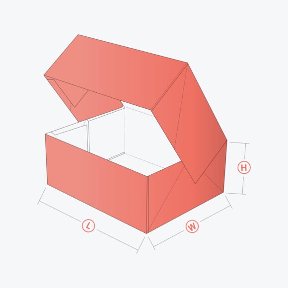 3D illustration of an assembled Regular Six Corner Box with dimensions for width, height, and length.