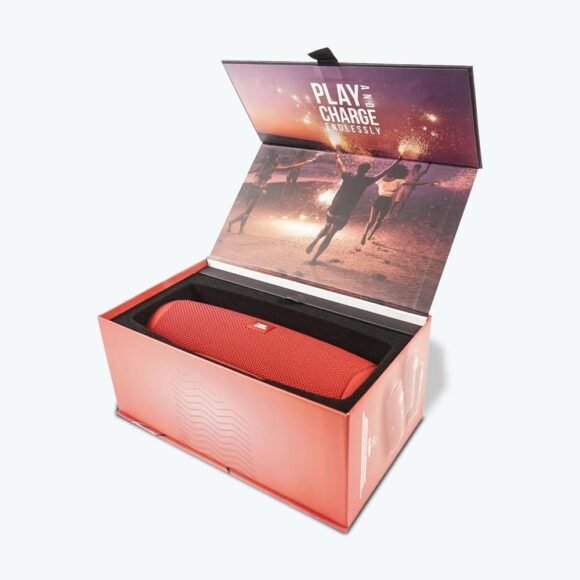 speaker packaging box with vibrant design, rigid structure, and foam insert for secure and stylish audio product packaging.