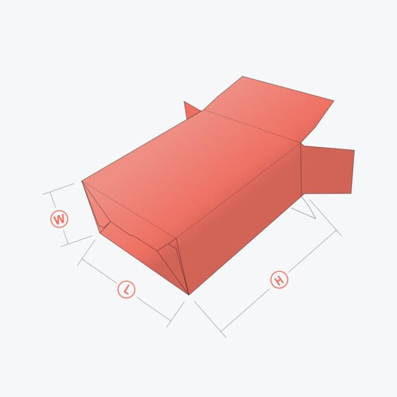 3D mockup of a Seal End Auto Bottom Box with dimensions for length, width, and height.