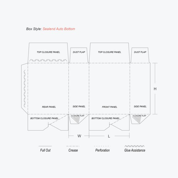 Dieline template of a Seal End Auto Bottom Box showing detailed panel layouts, creases, and glue assistance.