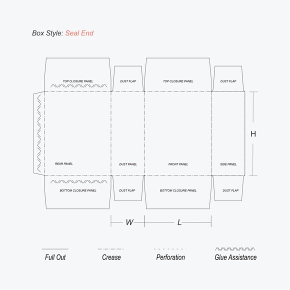 Flat layout design of a Seal End Box showing panels, flaps, and crease lines.