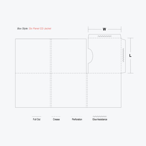 Flat template of six panel CD jacket with crease and glue marks.