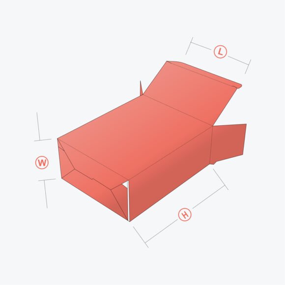 3D view of Tuck End Auto Bottom Box showing labeled dimensions for length, width, and height.