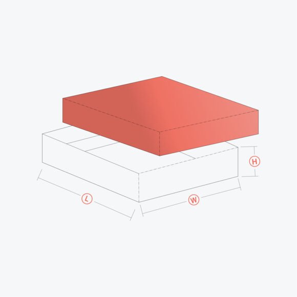 Exploded view of a custom two piece box with separate lid and base, showcasing dimensions for length, width, and height.