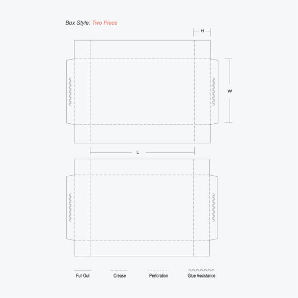 Flat layout template of a two piece box, including crease, perforation, and glue assistance for assembly.