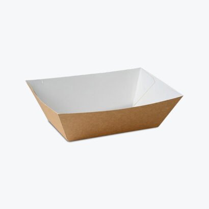 Eco-friendly cardboard food tray with a white interior and kraft paper exterior, perfect for serving snacks and meals.