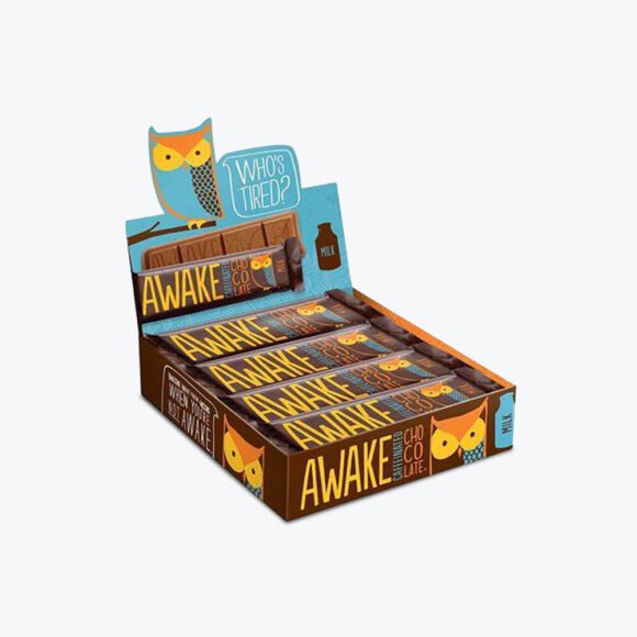 A candy display box featuring chocolate bars arranged neatly in a colorful and branded display box for retail use.