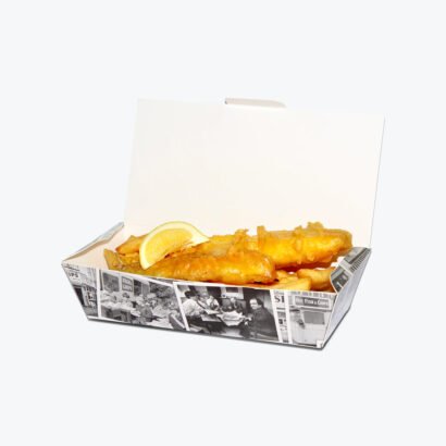 Grease-resistant Fish & Chips Boxes with a vintage newspaper design, filled with crispy fish and golden fries, perfect for takeaways.