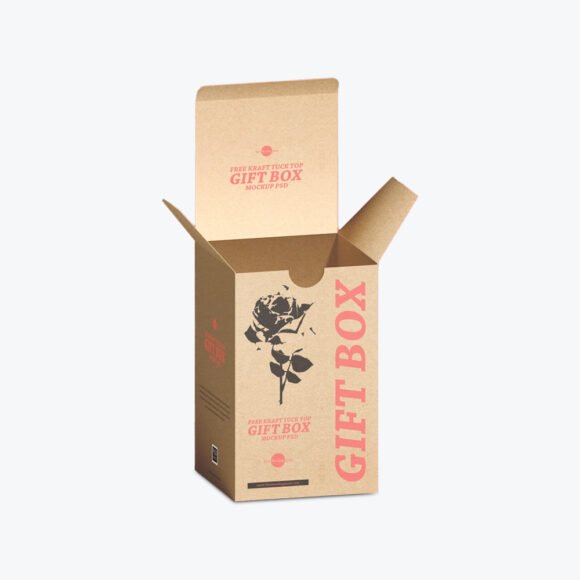 Kraft tuck top gift box with printed floral design and branding.