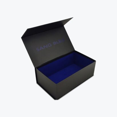 Elegant black luxury shoe box with "Sang Bleu" branding and blue interior lining.