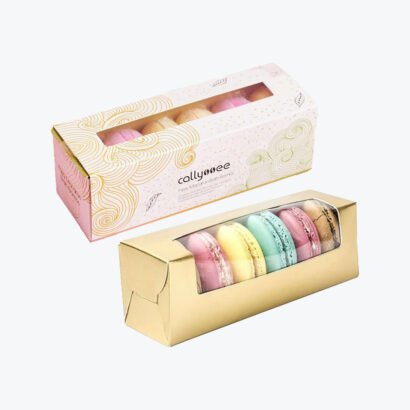 Elegant macaron boxes with a clear window showcasing colorful macarons inside, perfect for packaging and gifting.