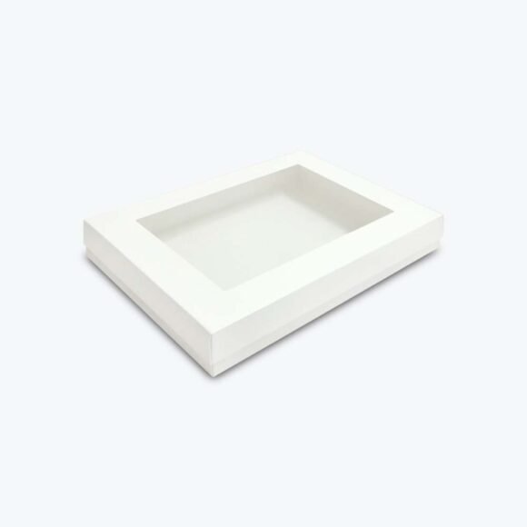 White apparel box with a clear lid, perfect for showcasing clothing and accessories.
