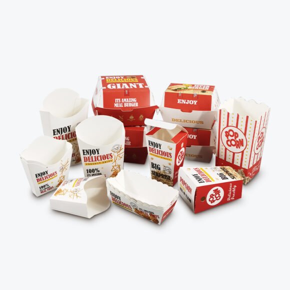 Custom printed food paper boxes for fast food, snacks, and takeout packaging.