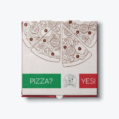 Custom pizza box with logo featuring a colorful design and pizza illustration.
