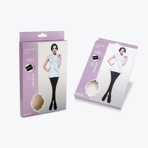 Custom leggings packaging boxes with lavender design, cutout window, and model image for retail display and brand promotion.