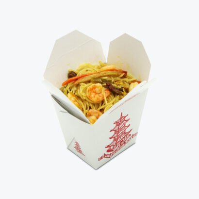 White custom takeaway box with noodles, shrimp, and vegetables, featuring a red pagoda design.