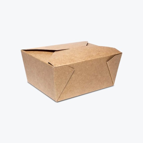Closed kraft takeout box with secure foldable design for food safety.