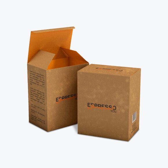 Custom printed kraft tuck top boxes for espresso products.