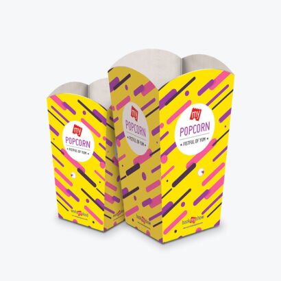 Bright yellow custom printed popcorn boxes with modern design and branding, ideal for events and retail packaging.