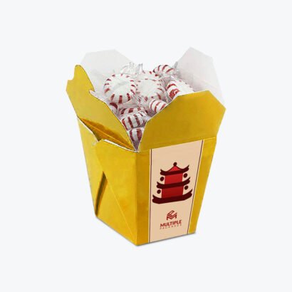 Custom Chinese take out box in vibrant yellow with a unique design, filled with candies and featuring a printed logo.