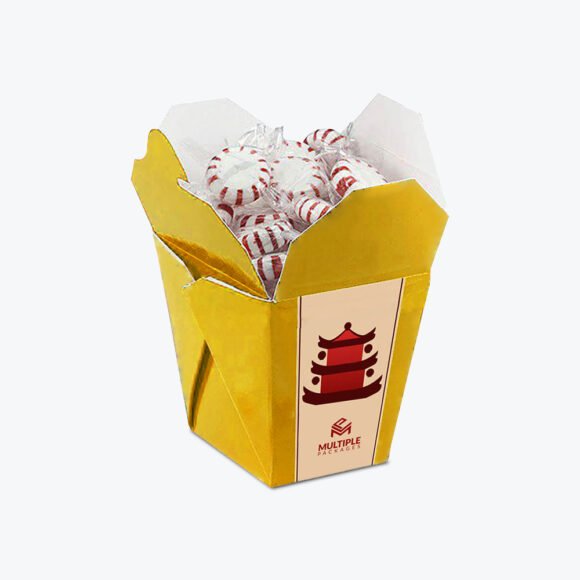 Custom Chinese take out box in vibrant yellow with a unique design, filled with candies and featuring a printed logo.