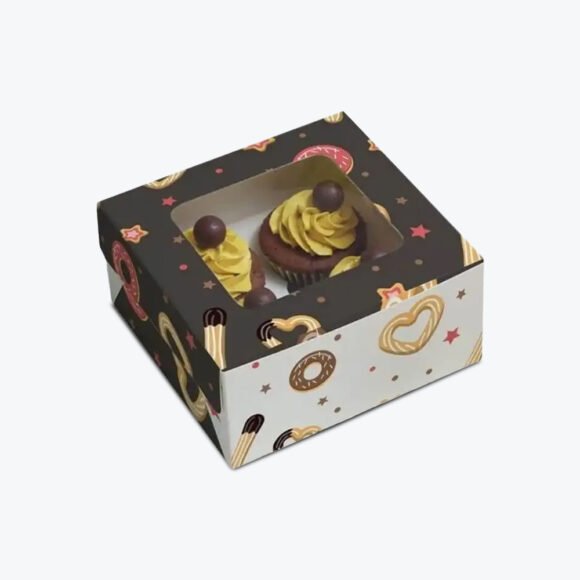 Custom printed pie box with festive design and window displaying cupcakes