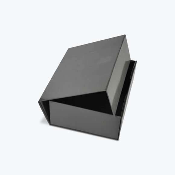 Gloss apparel box with a sleek black glossy finish, ideal for luxury clothing and accessory packaging.