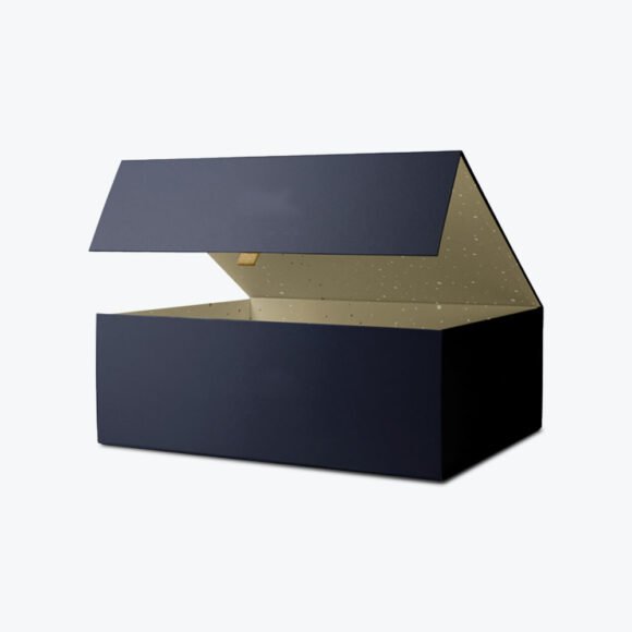 Custom apparel box in a sleek black design with a hinged lid and premium interior finish, perfect for stylish and durable packaging solutions.